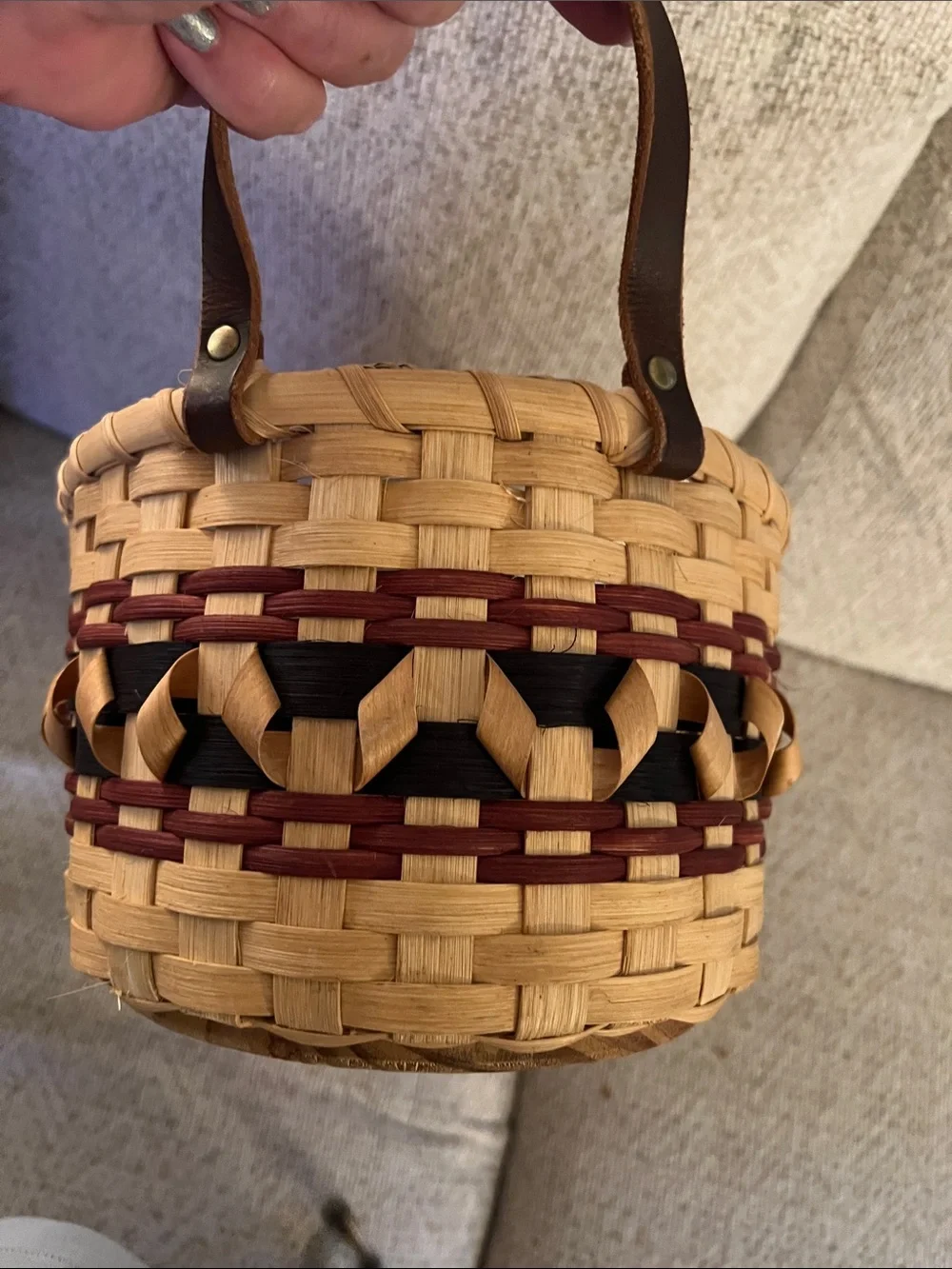 Handwoven Oval Basket with Leather Handles - Natural & Dark Brown